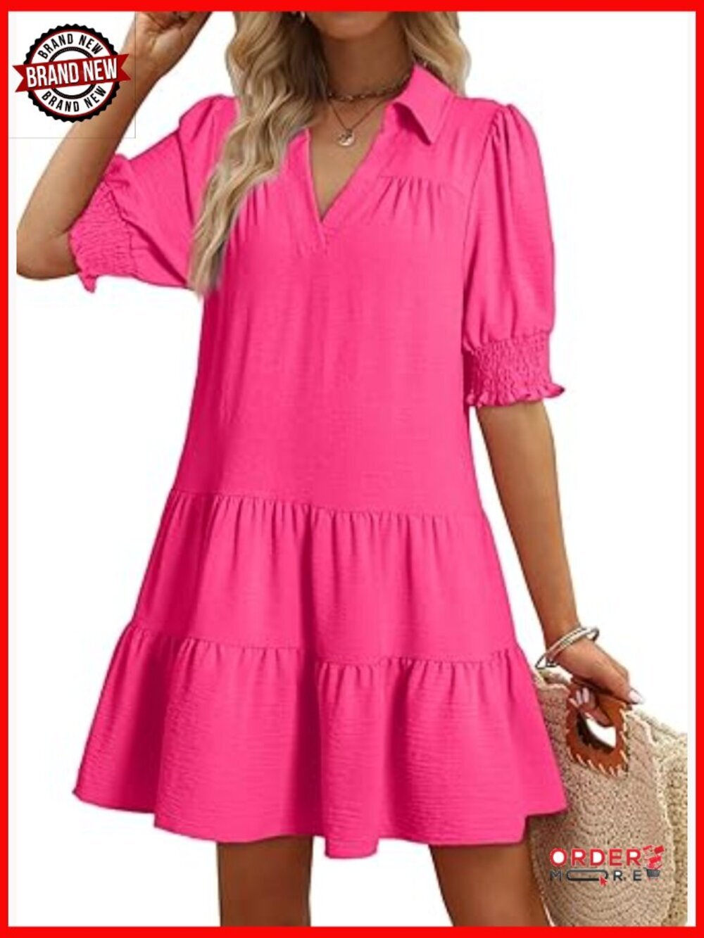 Women's Lapel V-Neck Pleated Midi Dress Short Sleeve A-Line Casual Summer